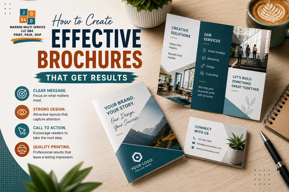 Effective Brochures blog cover featuring professionally designed brochures and marketing materials with tips for clear messaging, strong design, calls to action, and quality printing from JD & KD Warren Multi Service.