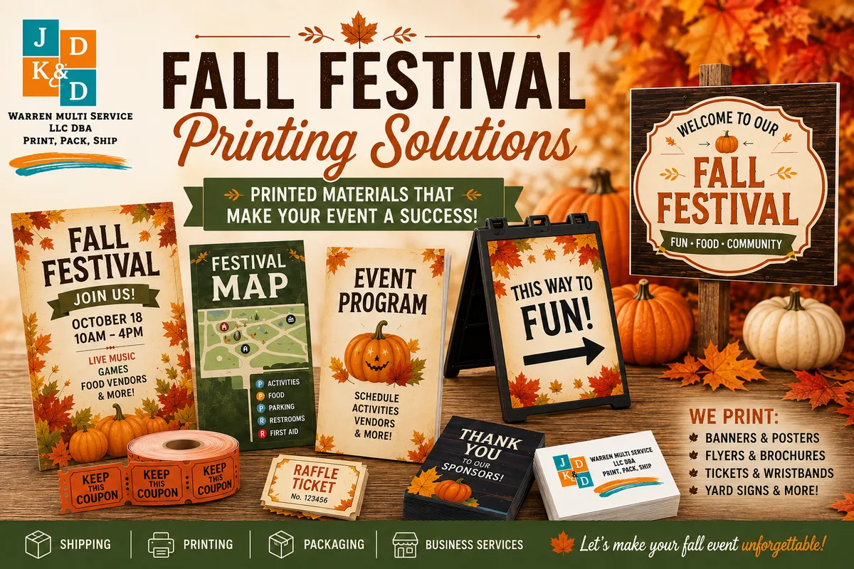 Fall festival printing solutions featuring pumpkins, autumn leaves, event banners, programs, maps, tickets, signs, and custom printed materials from JD & KD Warren Multi Service.
