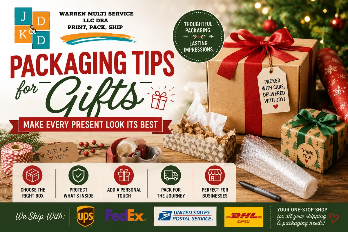 Holiday gift packaging tips featuring wrapped presents, boxes, ribbons, bubble wrap, packing supplies, and shipping options from JD & KD Warren Multi Service.