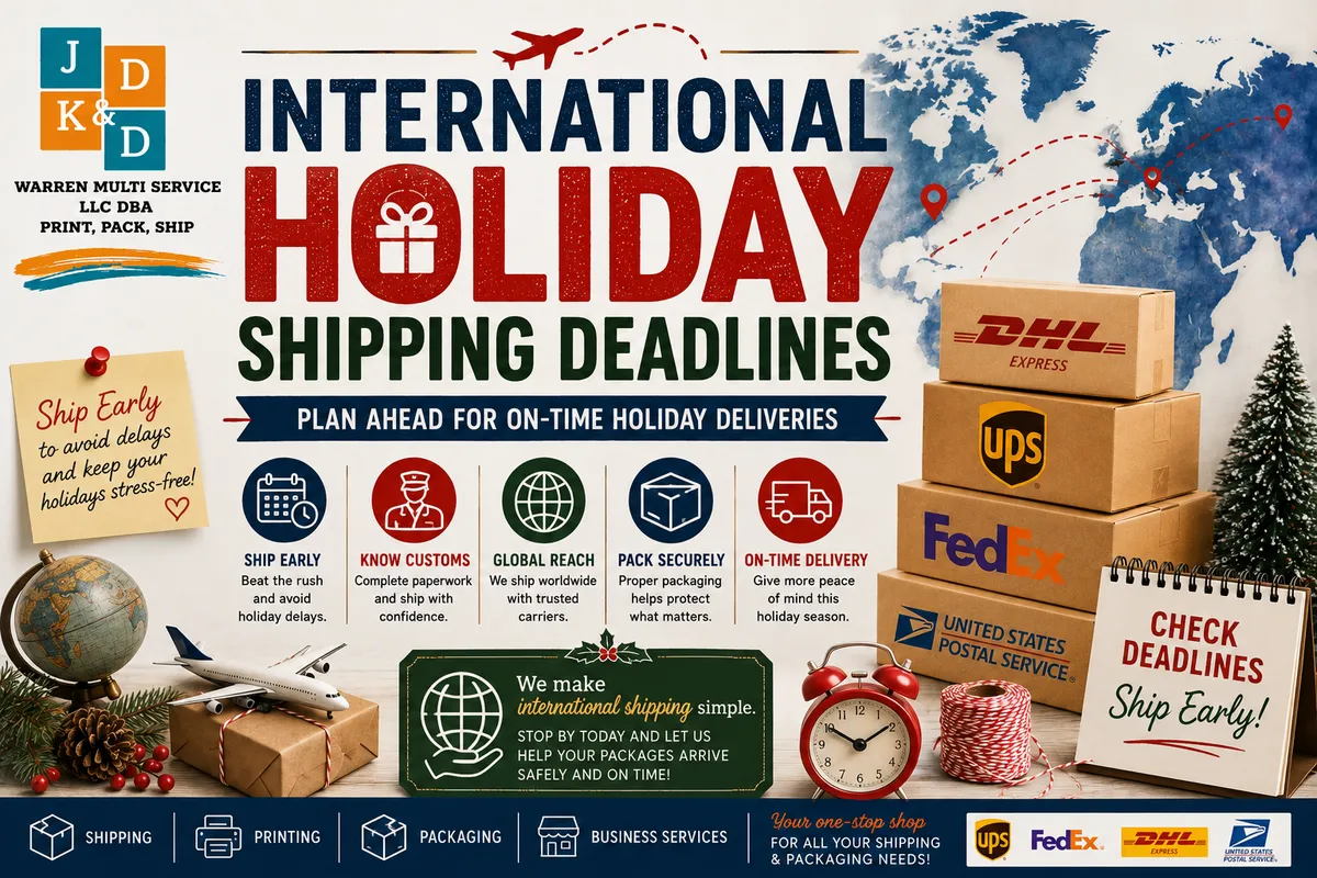 International holiday shipping deadlines guide featuring a world map, holiday packages, shipping carriers, customs reminders, and ship-early tips from JD & KD Warren Multi Service.