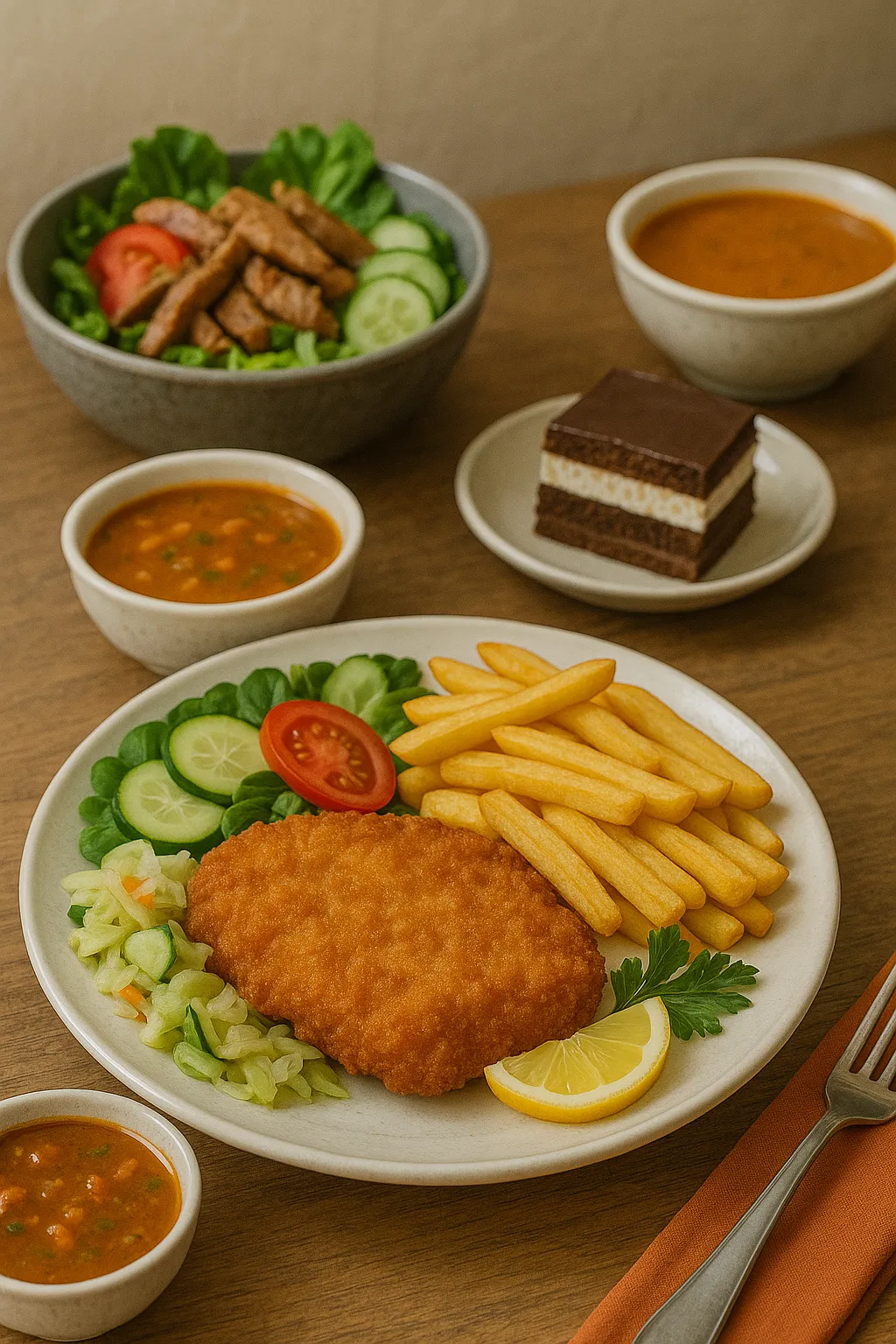 Friss, házias étkezés Szegedről, ropogós húsok, fűszeres sült burgonya, és savanyúságok egy tálban, napi menü és előfizetési lehetőséggel.