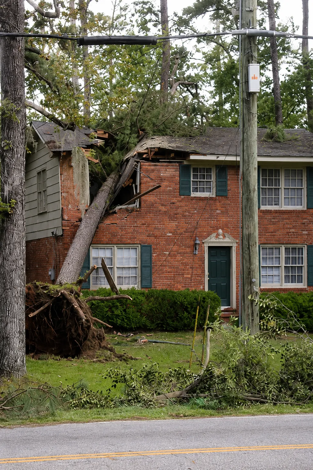 Storm-damaged tree fallen onto a residential home