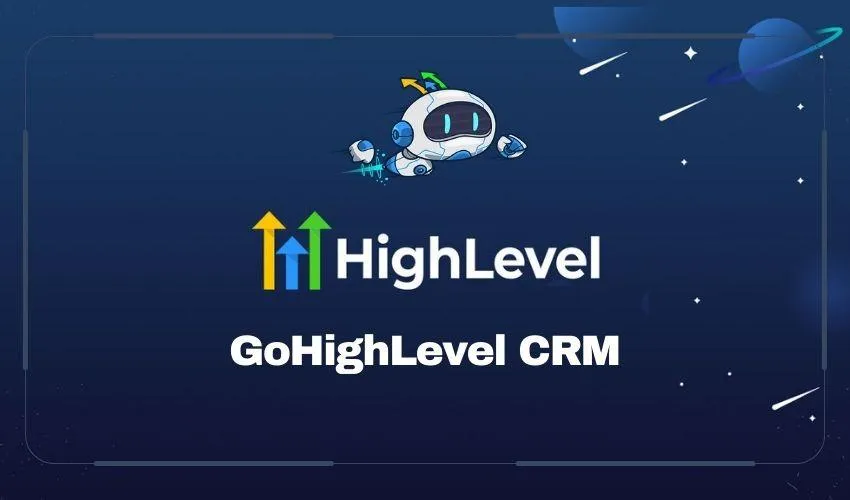 GoHighLevel CRM graphic with a rocket icon, representing CRM access and AI automations.