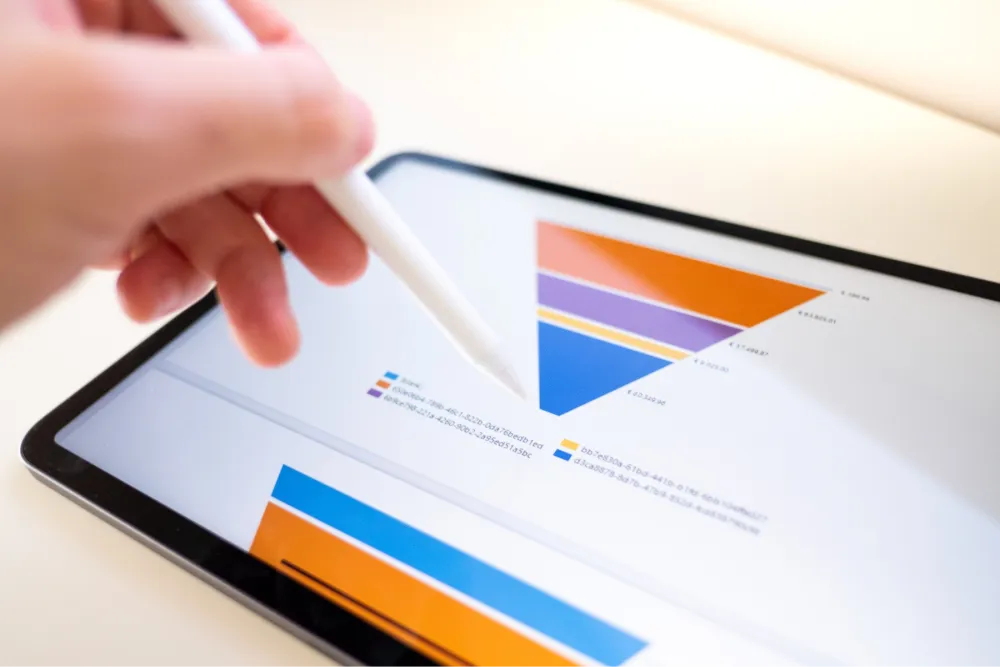 Tablet displaying colorful analytics charts and graphs, suggesting growing performance metrics.