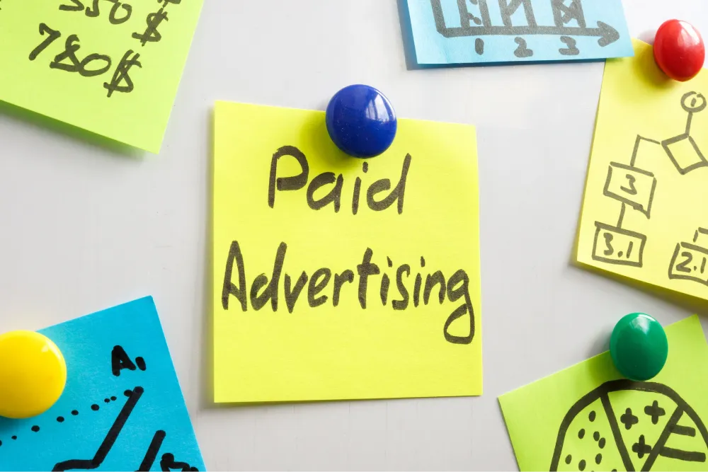 Sticky notes labeled “Paid Advertising” with light-bulb doodles, indicating ad strategy planning.