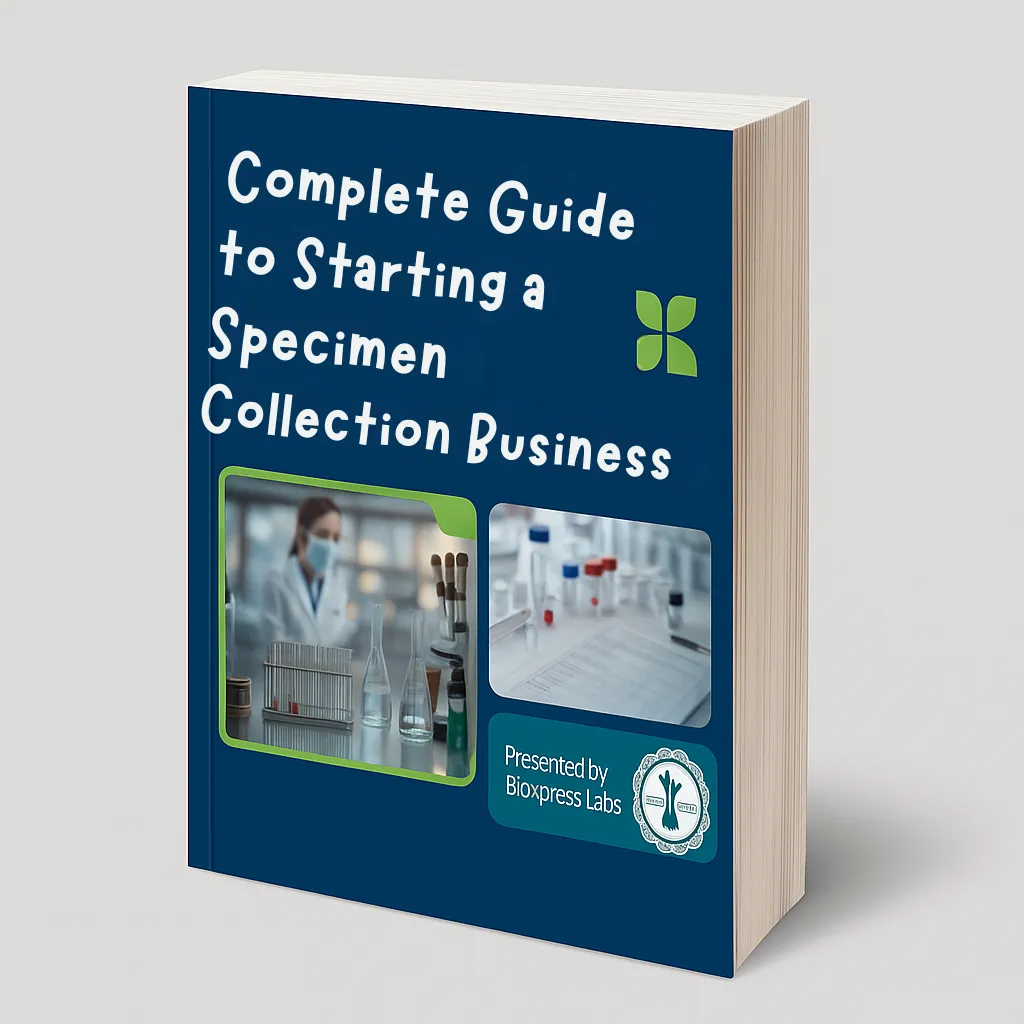 A vibrant digital illustration showing a diverse group of young adults gathered around a table, examining specimen collection kits and business materials, with bright educational posters in the background. The scene conveys excitement and collaboration in a modern classroom setting, emphasizing inclusivity and opportunity.