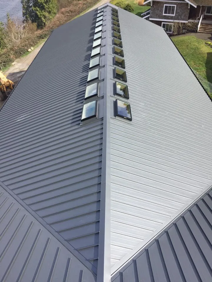 a roof of a building with skylights