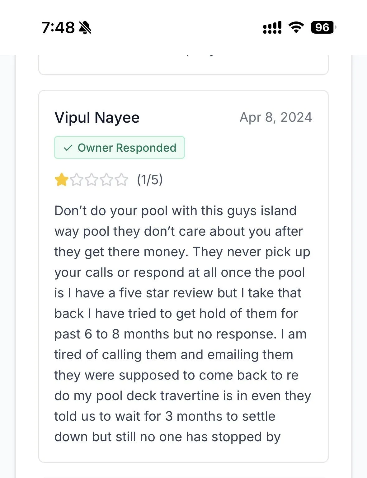 Island Way Pools Negative Review