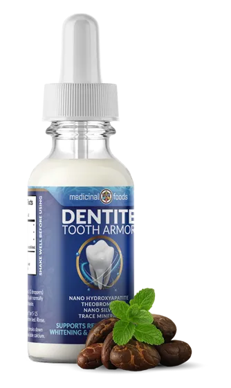 Dentite Tooth Armor bottle shown with cacao beans and mint leaves, emphasizing the science-backed supported ingredients that help rebuild enamel, reduce sensitivity, and support a healthier mouth naturally.
