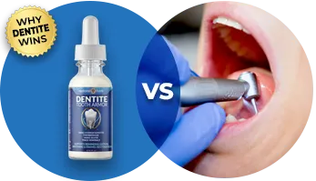 Side-by-side comparison of Dentite Tooth Armor versus a traditional dental procedure. On the left, Dentite is shown as a safe, at-home enamel repair solution. On the right, a dental drill is used inside a patient’s mouth, representing invasive treatments. Highlight emphasizes why Dentite wins as a gentle alternative for remineralization and tooth sensitivity relief.