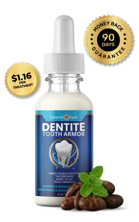 Dentite Tooth Armor bottle with 90-day guarantee and $1.16 per treatment badge, shown with mint and cacao.