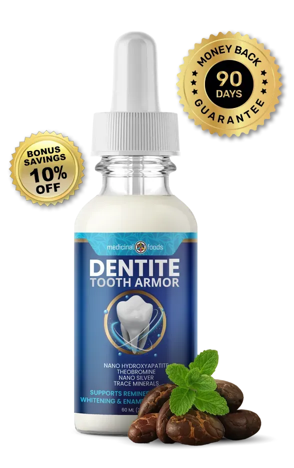 Dentite Tooth Armor bottle with 90-day guarantee and $1.16 per treatment badge, shown with mint and cacao.