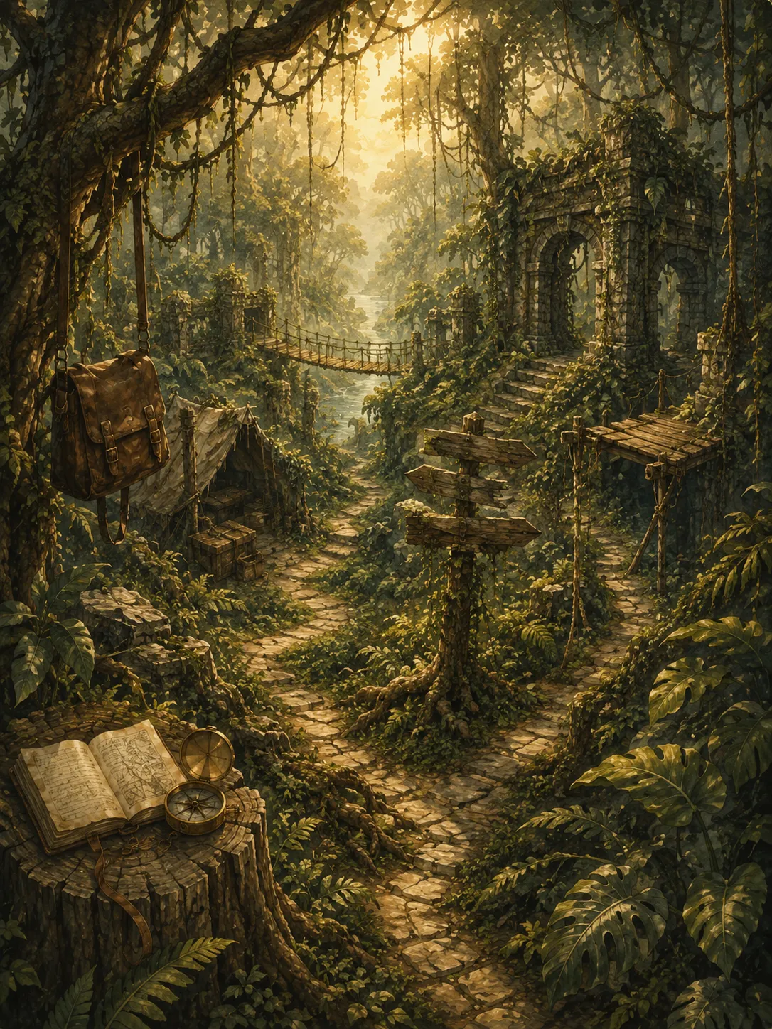 Hand-drawn vintage map illustration of The Jungle, dense topographical lines, compass markings, parchment texture