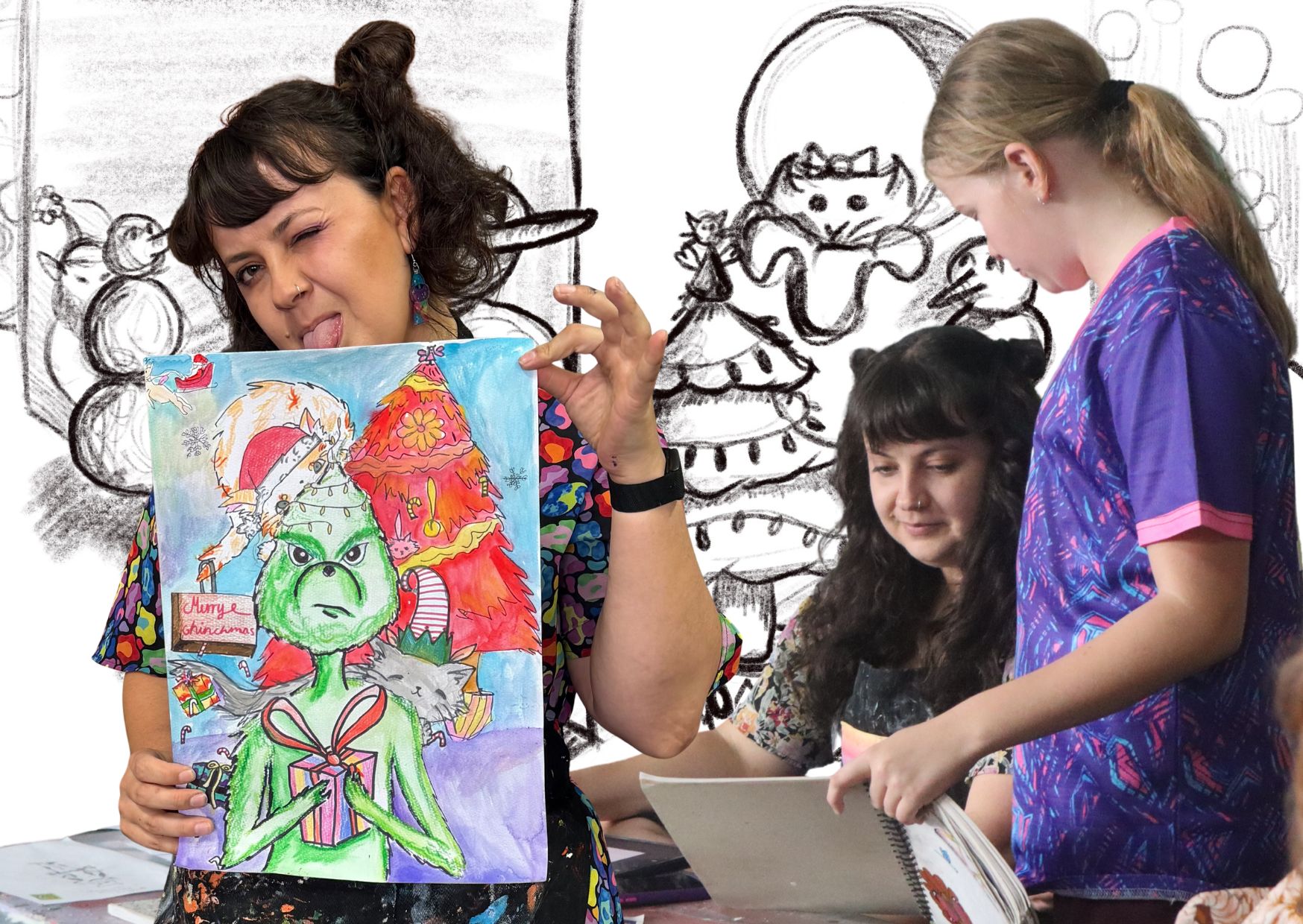 A modern, sunlit art studio reception area with a friendly receptionist in her 40s, wearing a red sweater, greeting a parent and child. The background features shelves of art supplies, a Christmas wreath on the door, and a welcoming, creative vibe.