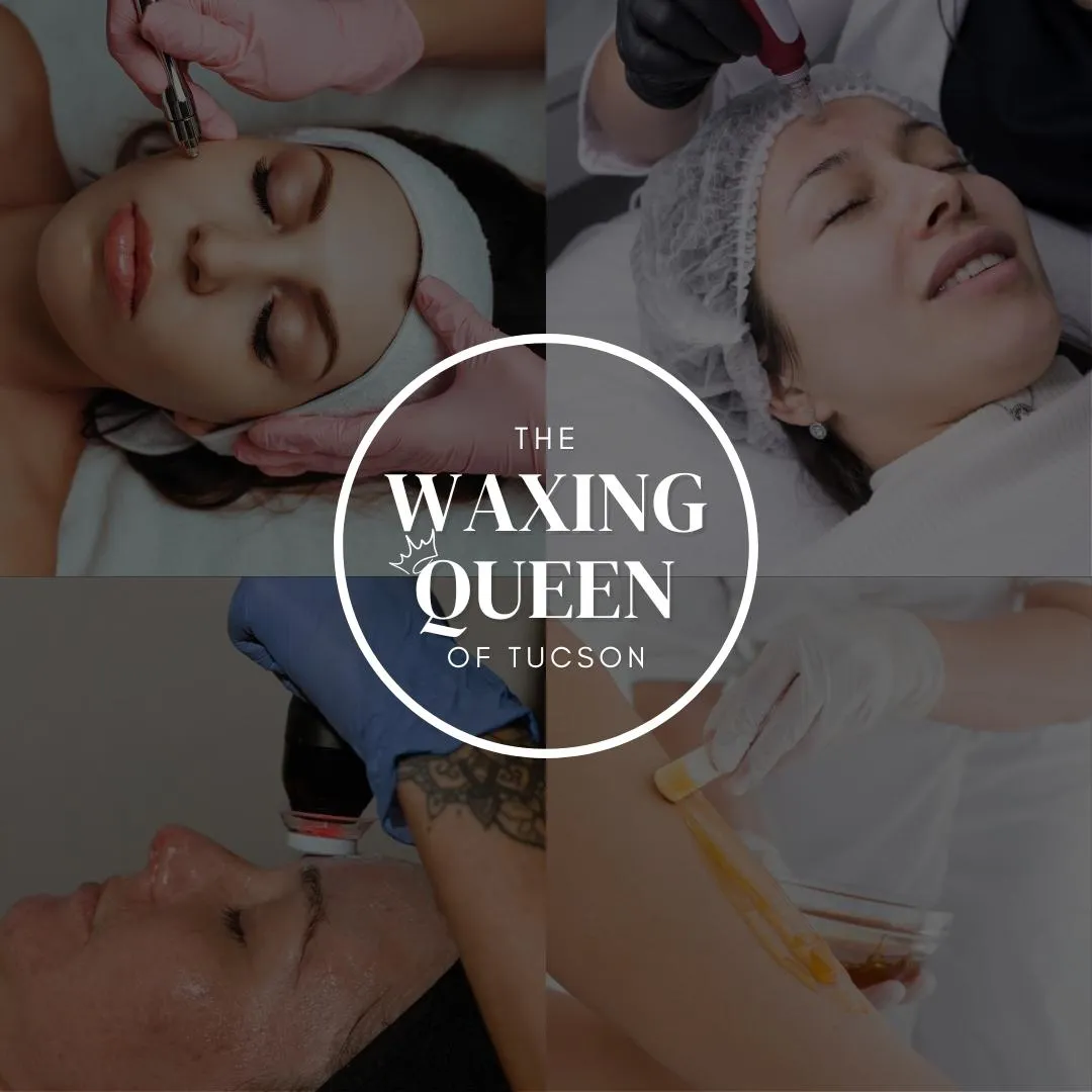 The Waxing Queen of Tucson logo over 4 images of clients receiving different skincare treatments