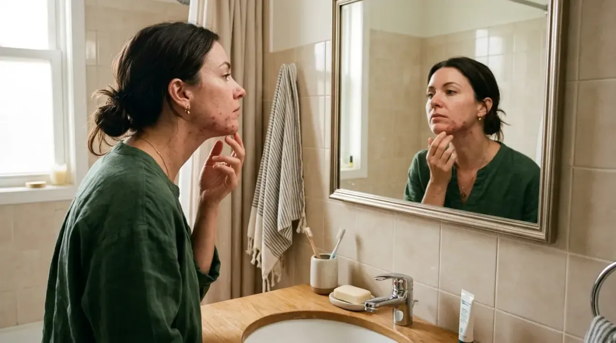 middle aged woman looking in mirror at acne breakout