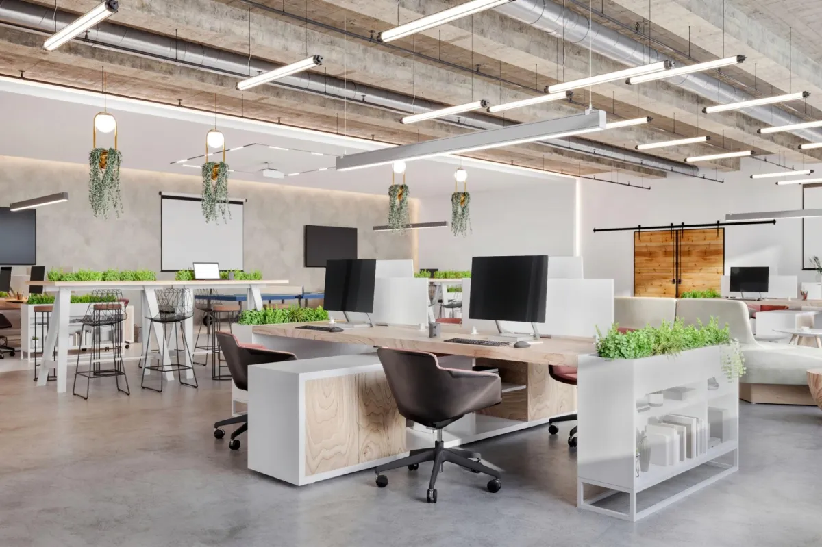 Modern office with overhead, natural, and task lighting appropriate to the space