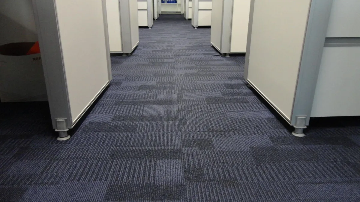 a cubicle office with ark blue carpet