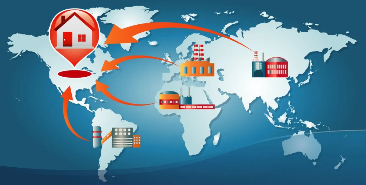 graphic illustrating global supply chain to produce a house