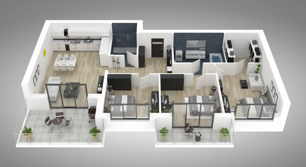 3d rendering of a house layout and furnishings