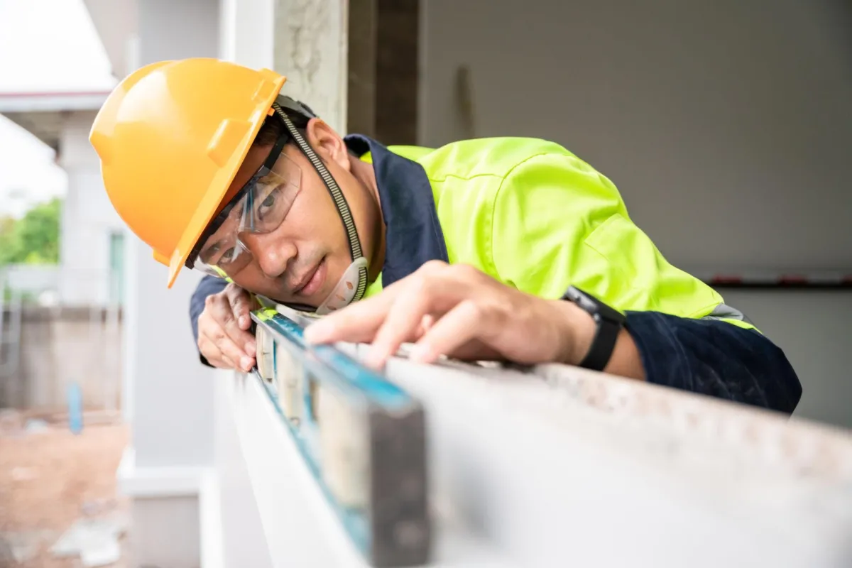 Construction manager checking level of window