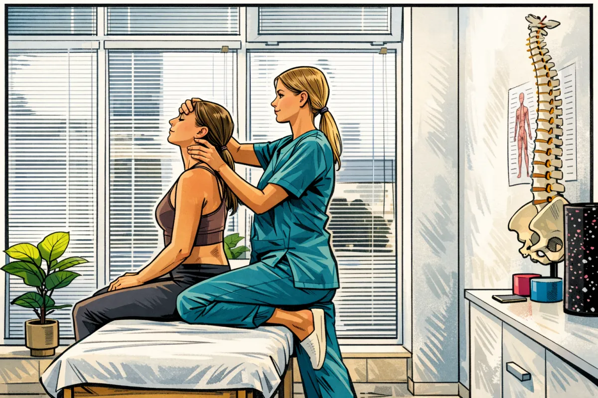 Chiropractor providing neck adjustment to a patient in a bright clinic setting, emphasizing health and wellness services for chiropractic clinics.