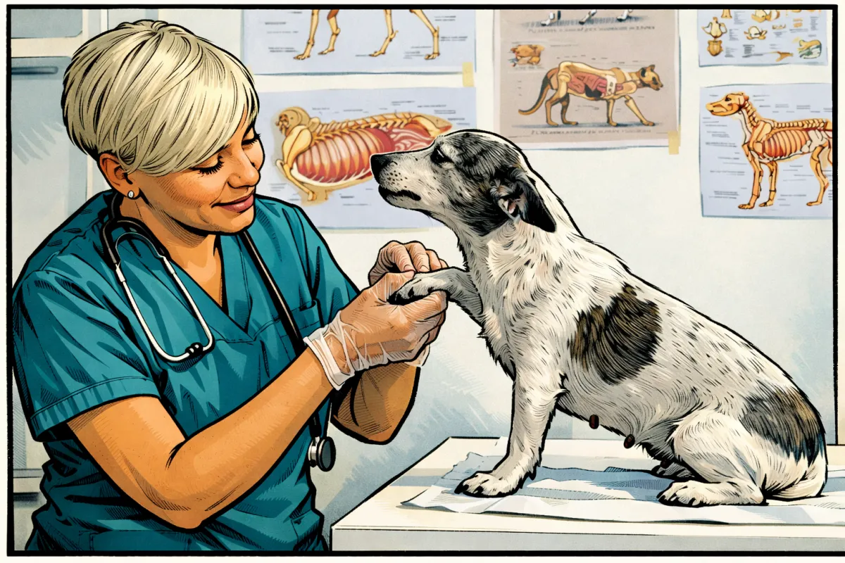 Veterinarian examining a small dog in a clinic, highlighting AI receptionist services for veterinarians and customer engagement.
