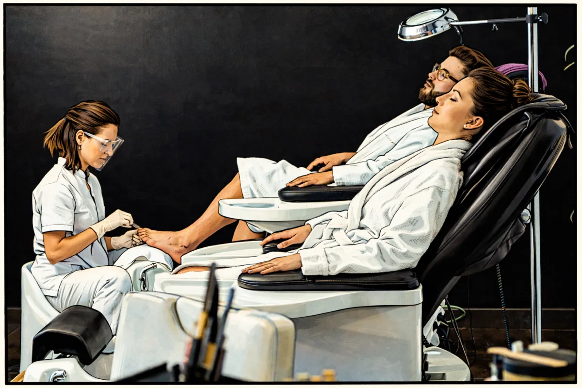Spa setting with a female customer receiving a pedicure from a technician while a male customer relaxes in a chair, showcasing the benefits of AI receptionist services for spas and beauty salons.