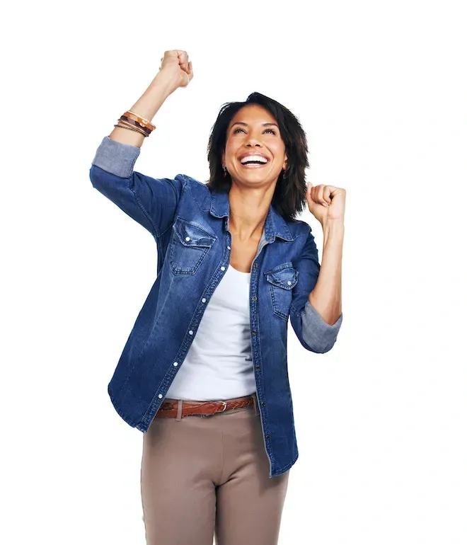 Excited women celebrating her free Denver real estate photography shooty