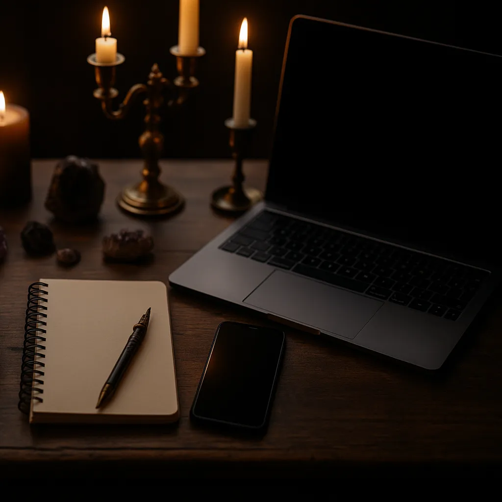 Ritual objects and elemental symbols arranged for a sacred course in modern witchcraft and shadow integration.
