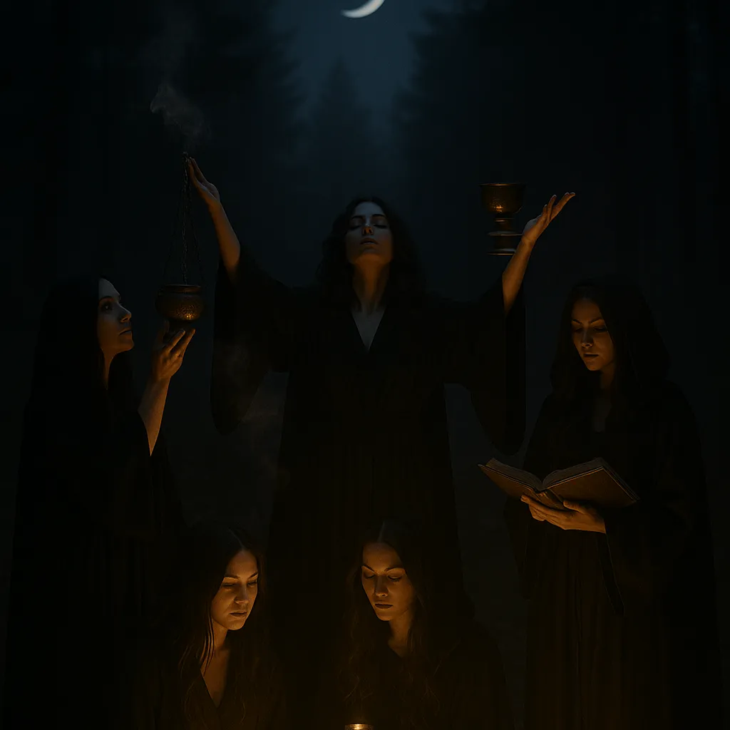 A circle of witches gathered under the night sky, honouring their shadows and reclaiming their magick in sacred sisterhood.