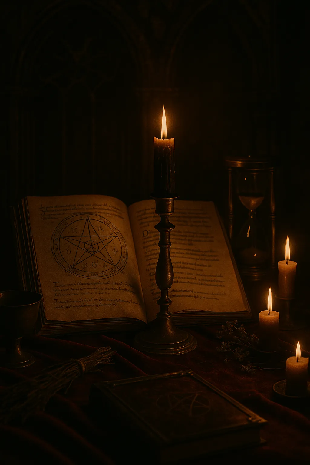 An ancient, candlelit ritual chamber filled with velvet, parchment, and arcane symbols evoking a remembered sanctum.