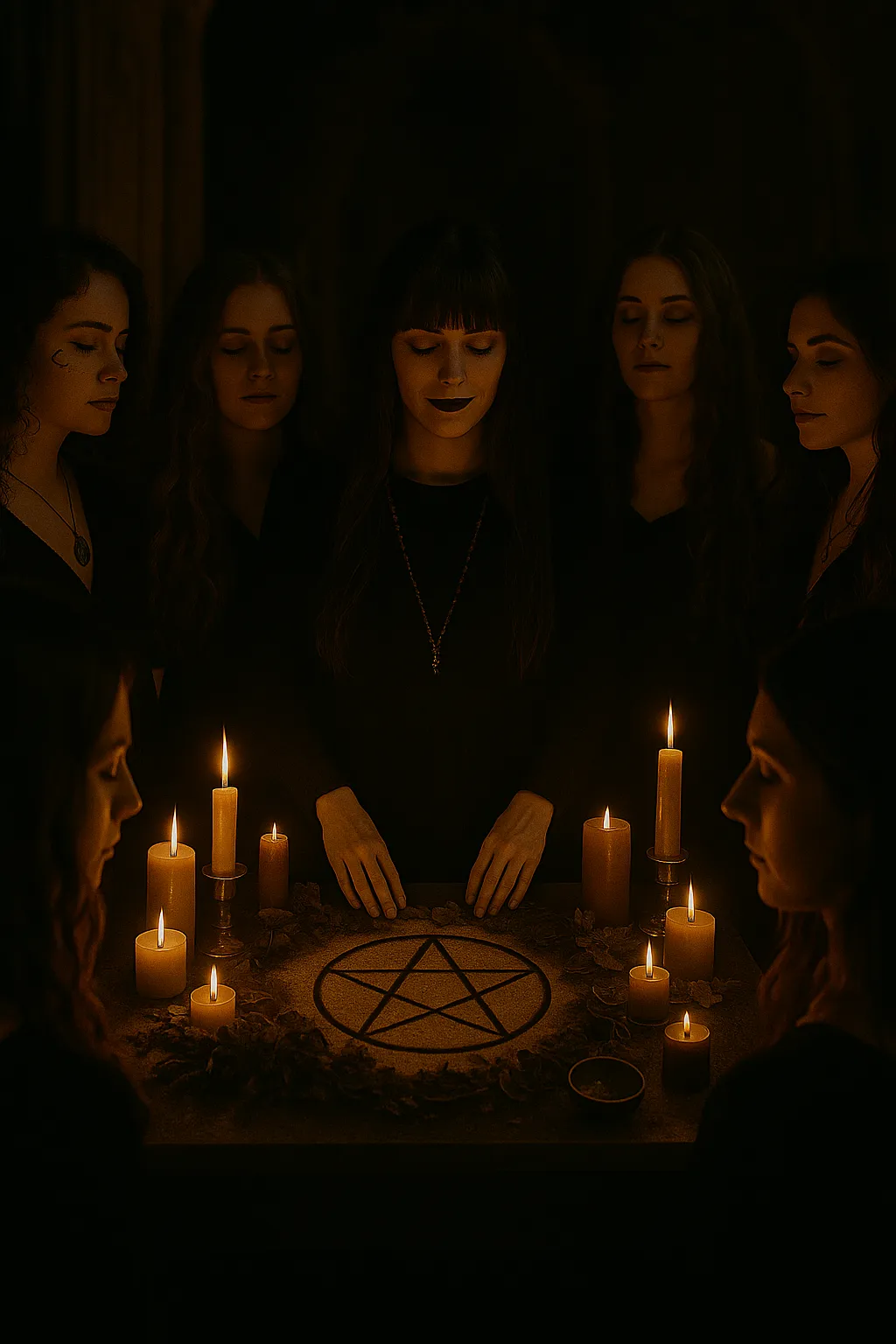 A circle of witches gathered under the night sky, honouring their shadows and reclaiming their magick in sacred sisterhood.