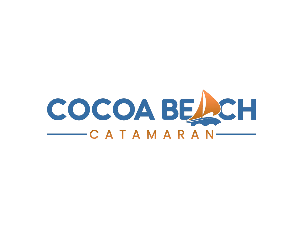 Cocoa Beach Catamaran logo featuring a stylized orange sailboat and blue text, representing private sailing experiences in Cocoa Beach.