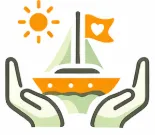 Icon of a sailboat with a heart flag and sun, symbolizing personalized sailing experiences and comfort on Cocoa Beach Catamaran tours.