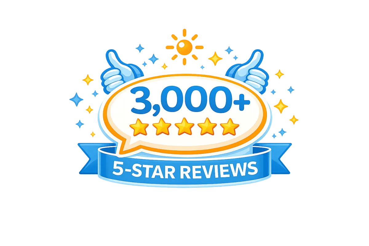 3,000+ five-star reviews badge with thumbs up, highlighting customer satisfaction for Cocoa Beach Catamaran sailing tours.