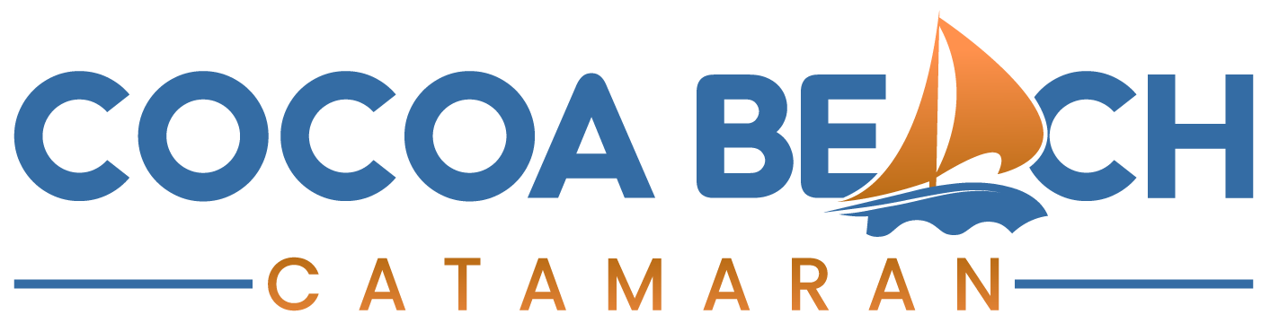 Cocoa Beach Catamaran logo featuring a stylized orange sailboat and blue text, representing private sailing experiences in Cocoa Beach.