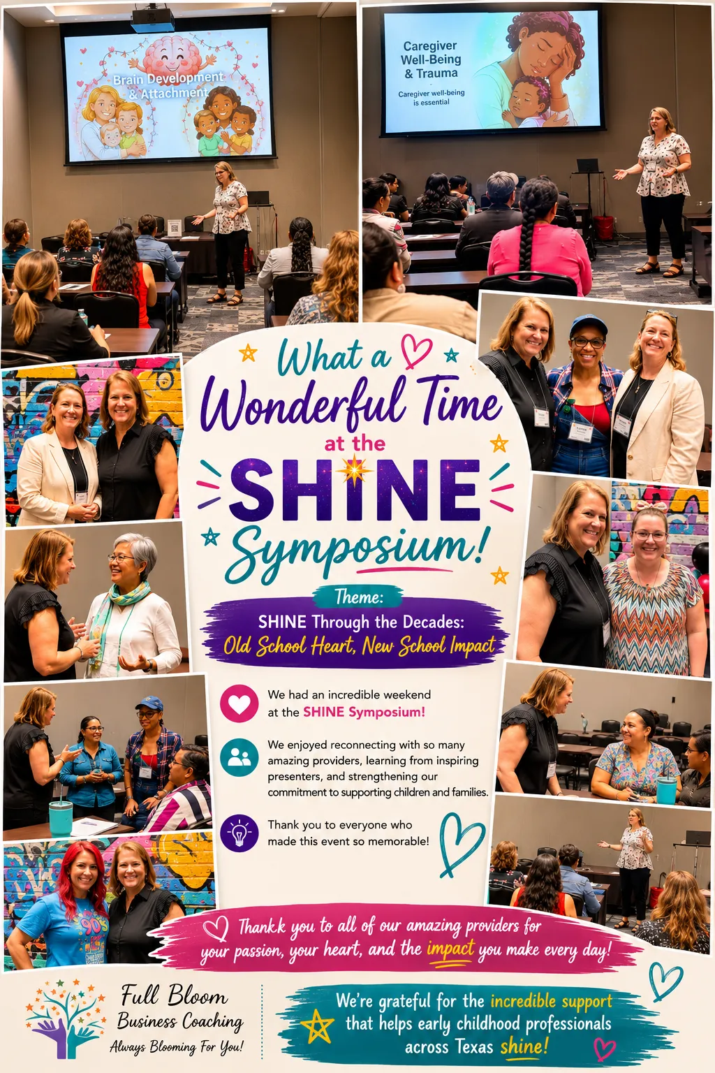 What a Wonderful Time at the SHINE Symposium: photo collage of Full Bloom presenting and connecting with providers