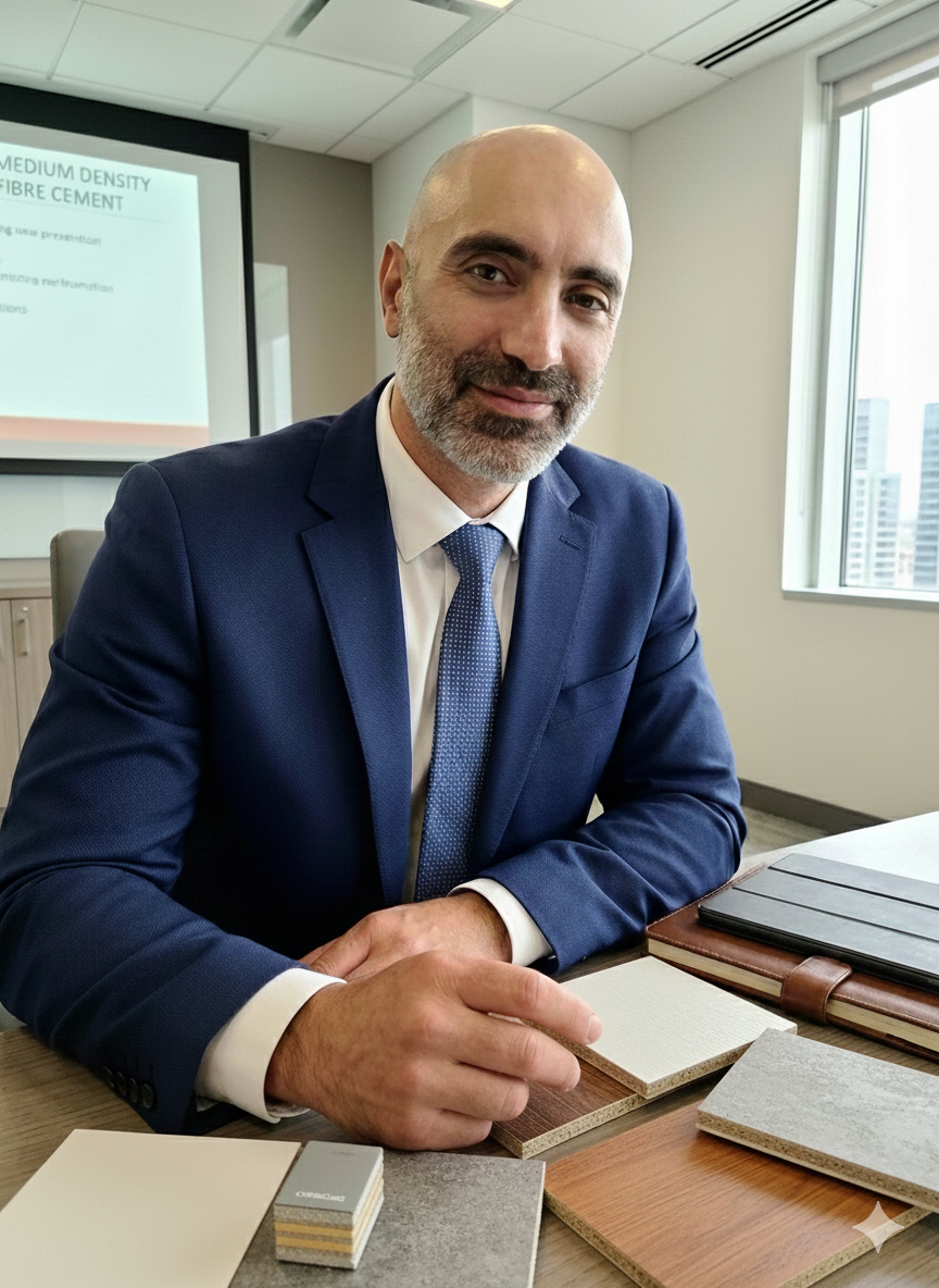 Khal Youssef in a bright meeting space, half-body portrait showing him with sample materials on a table, warm natural lighting, candid professional posture to emphasize approachability and service readiness.