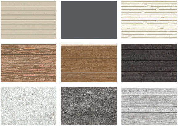 High-detail product sample board showing fiber cement panels, HPL slats, terracotta tile sample, and engineered wood swatches, arranged on a neutral tabletop with soft studio lighting to highlight textures and color variations.