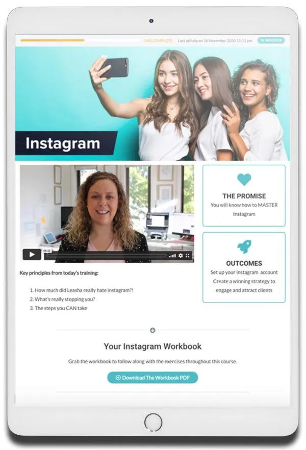 Ipad showing Instagram Success course