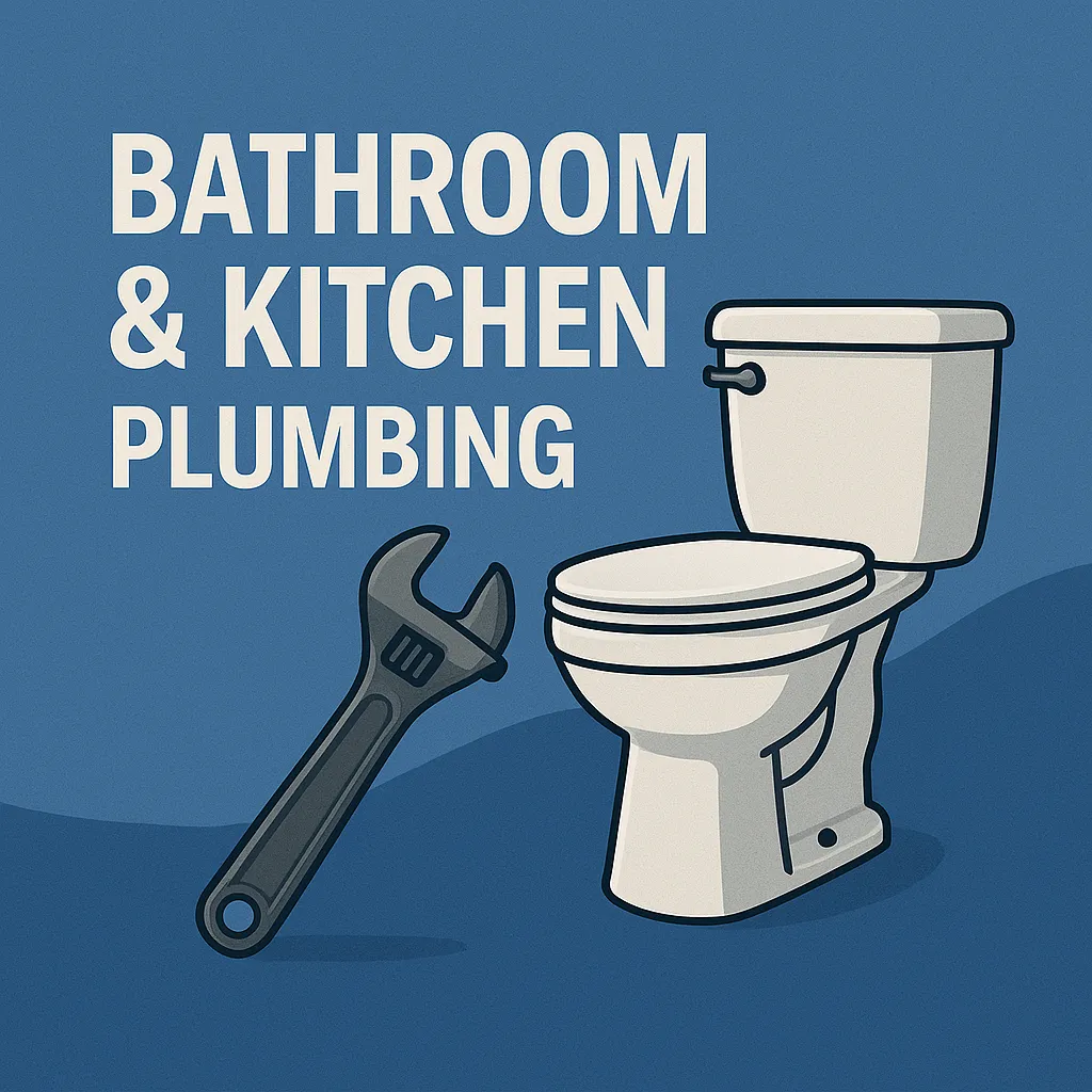 Full bathroom and kitchen plumbing services including sink, faucet, and pipe installation or repair.