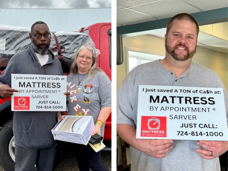 customers holding a sign that says 'I just saved a bunch of money at mattress by appointment henderson'