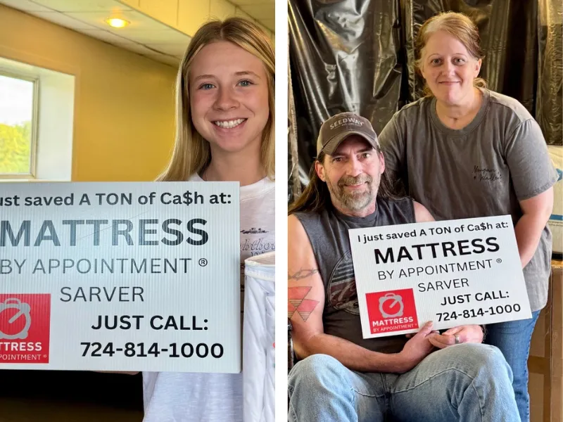 customers holding a sign that says 'I just saved a bunch of money at mattress by appointment henderson'