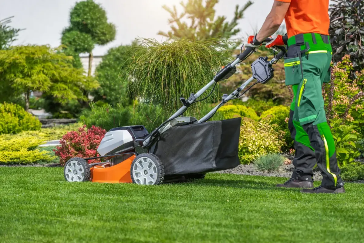 mowing and lawn care Cotati, CA — crew mowing and edging front lawn — A & J Yard Service