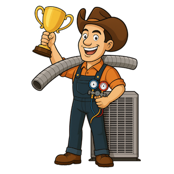 Ductman AC cartoon mascot holding a trophy beside an air conditioning unit, representing award-winning HVAC service and free AC estimates in San Antonio and New Braunfels, TX