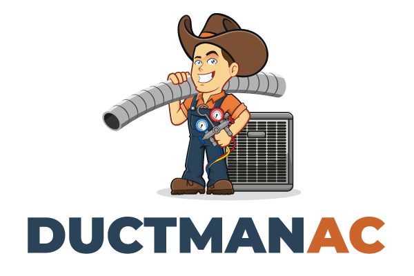 Ductman AC logo with the Ductman character holding an air duct and standing beside an HVAC unit, symbolizing trusted air conditioning and heating services in New Braunfels and San Antonio, TX