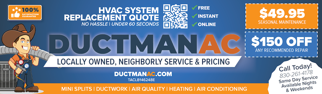 Ductman AC promotional banner offering HVAC system replacement quotes, seasonal maintenance, and repair discounts for homeowners in New Braunfels and San Antonio, TX