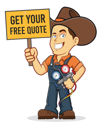 Ductman AC cartoon mascot offering free HVAC estimate for customers in New Braunfels and San Antonio, TX