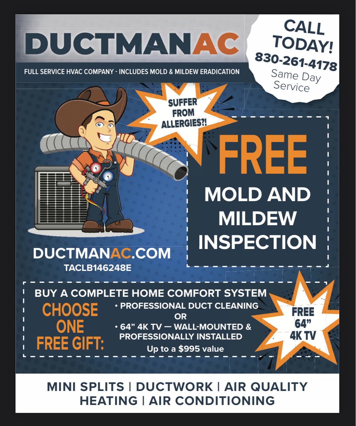Ductman AC service van providing HVAC repair and installation in New Braunfels and San Antonio, TX.